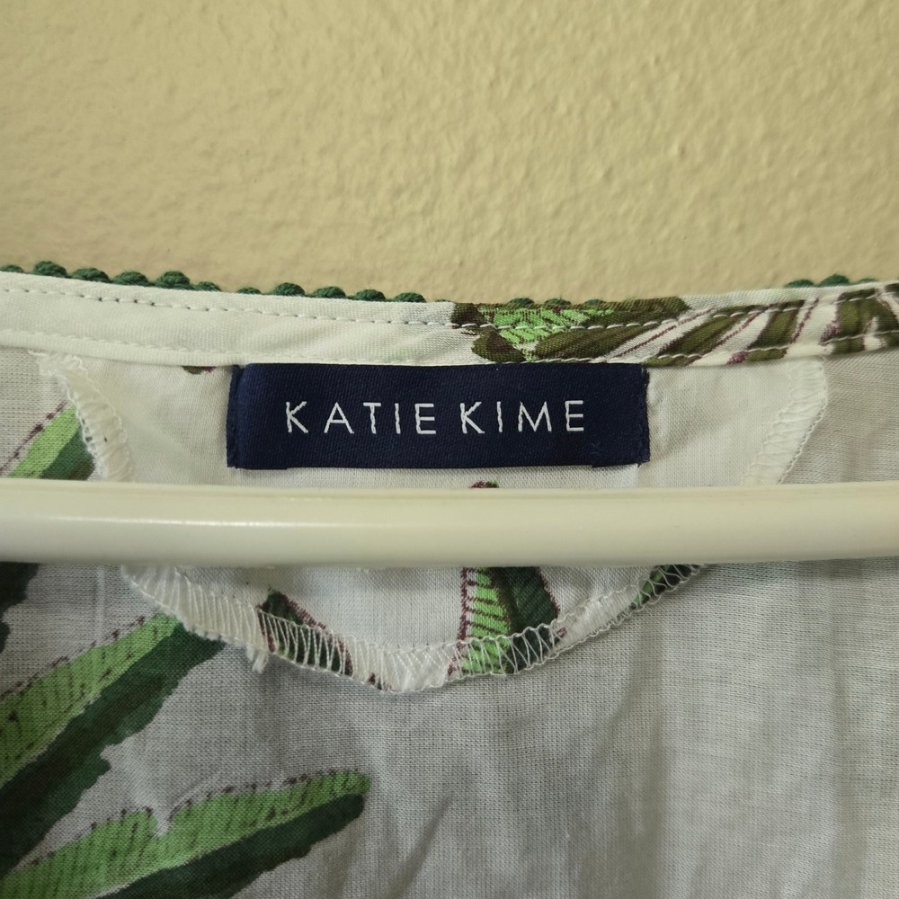Katie Kime Cotton Silk Palm Tree Kaftan Coverup Green White Tassel Trim One Size - Picture 2 of 9